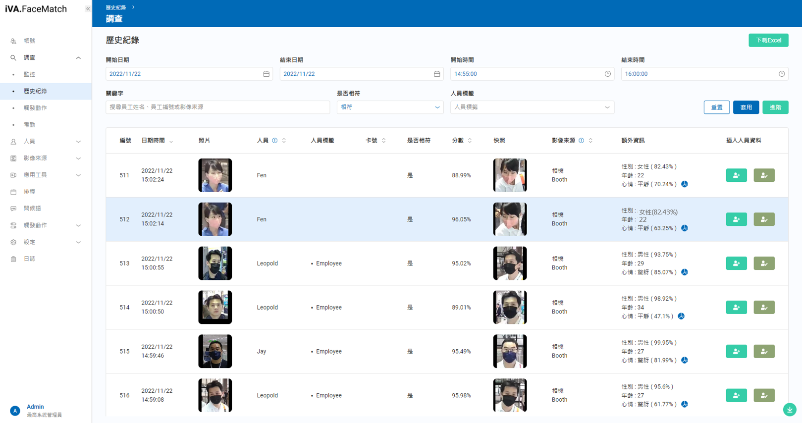 Facial recognition dashboard